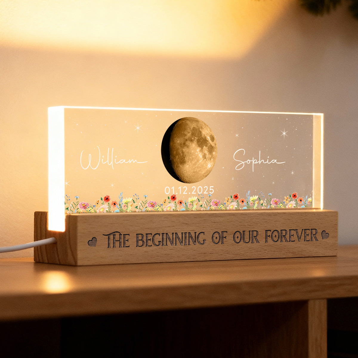 Floral Our Moon Couple Custom Moon Phase Anniversary Date - Personalized Acrylic Block LED Plaque Night Light - Gift For Couple