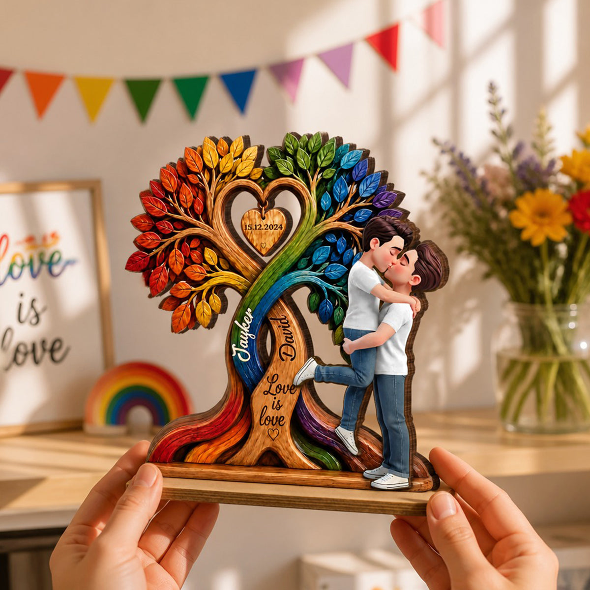 LGBT Couple Kissing Under Tree - Personalized 2-Layered Wooden Plaque - Heartfelt Gift for Her, Gift for Him