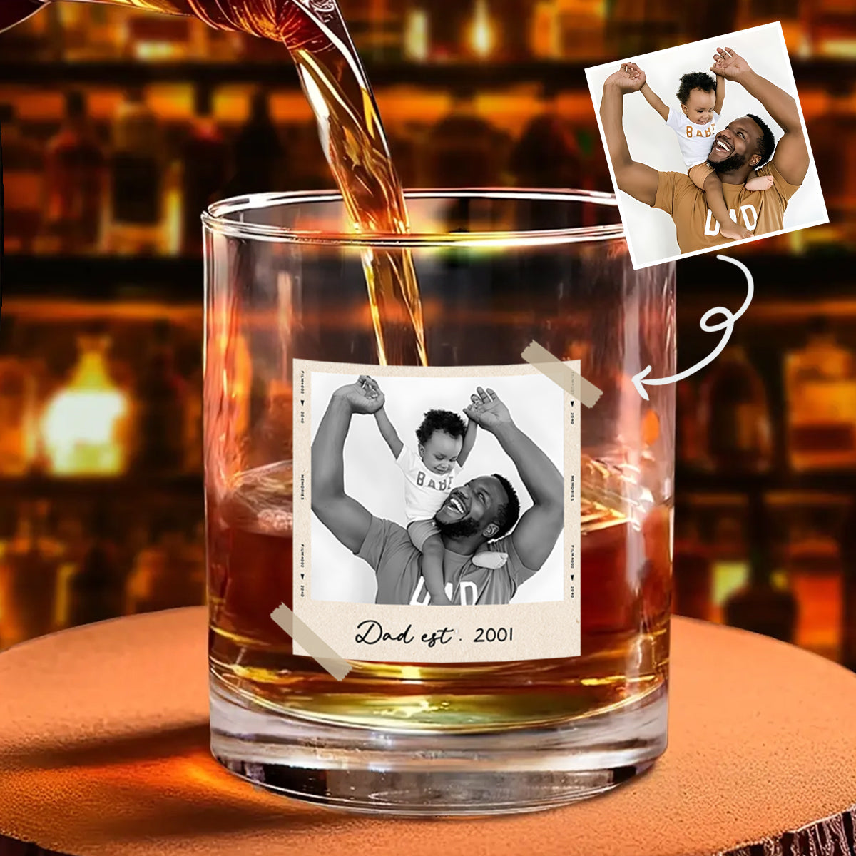 Custom Photo Dad Est - Personalized Whiskey Glass - Father's Day Gift for Dad, Husband