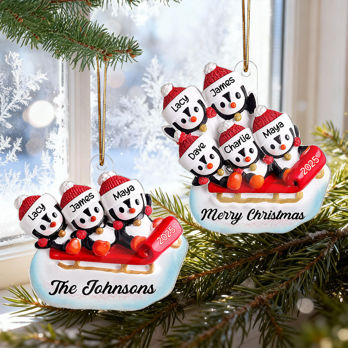 3D Effect Penguin Family On Sled - Personalized Acrylic Ornament