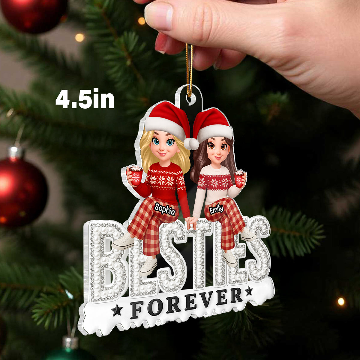 3D Pearl Rhinestone Besties - Personalized Acrylic Ornament - Christmas Gift for Best Friends