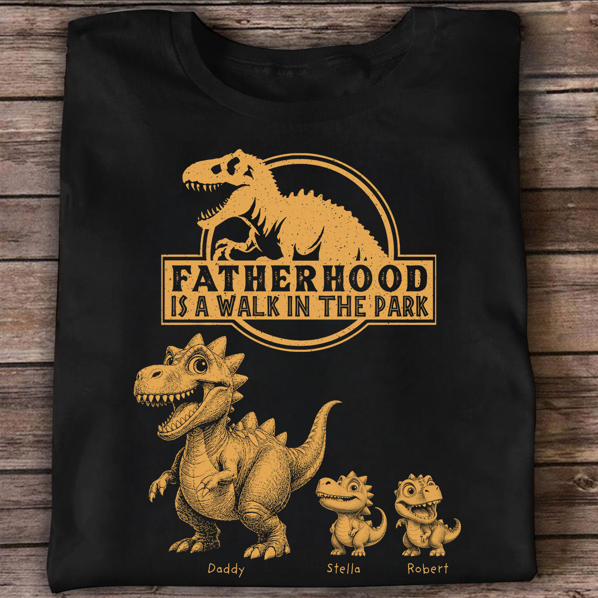 Retro Yellow Vintage Fatherhood Is A Walk In The Park Dinosaurs - Personalized Shirt - Funny Father's Day Gift For Dad, Husband