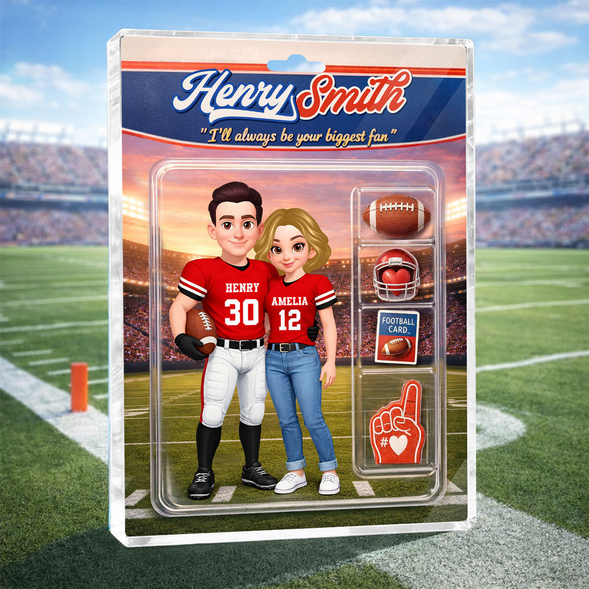 Football Couple I'll Always Be Your Biggest Fan Custom Action Figure - Personalized Acrylic Block Plaque - Sentimental Gift for Him