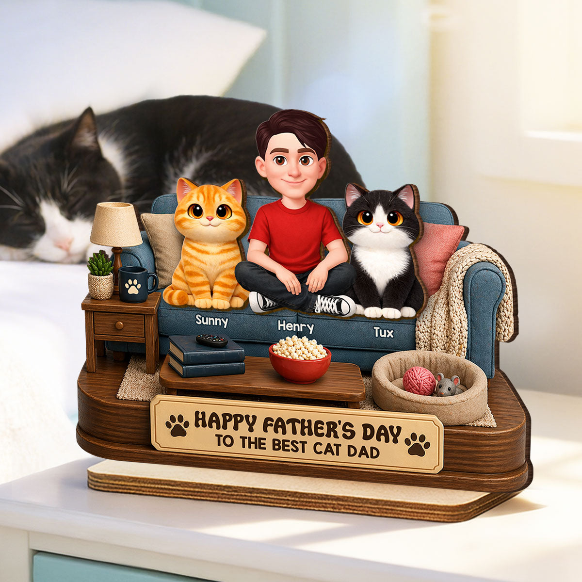 Happy  Best Cat Dad - Personalized 2-Layered Wooden Plaque -  Gift For Cat Dad, Cat Lovers