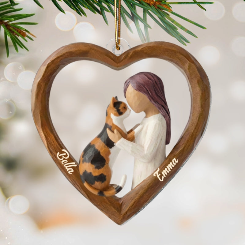 A Girl and Her Cat 3D Wooden Effect - Personalized Acrylic Ornament – Custom Girl and Cat, Keepsake Christmas Gift for Cat Moms