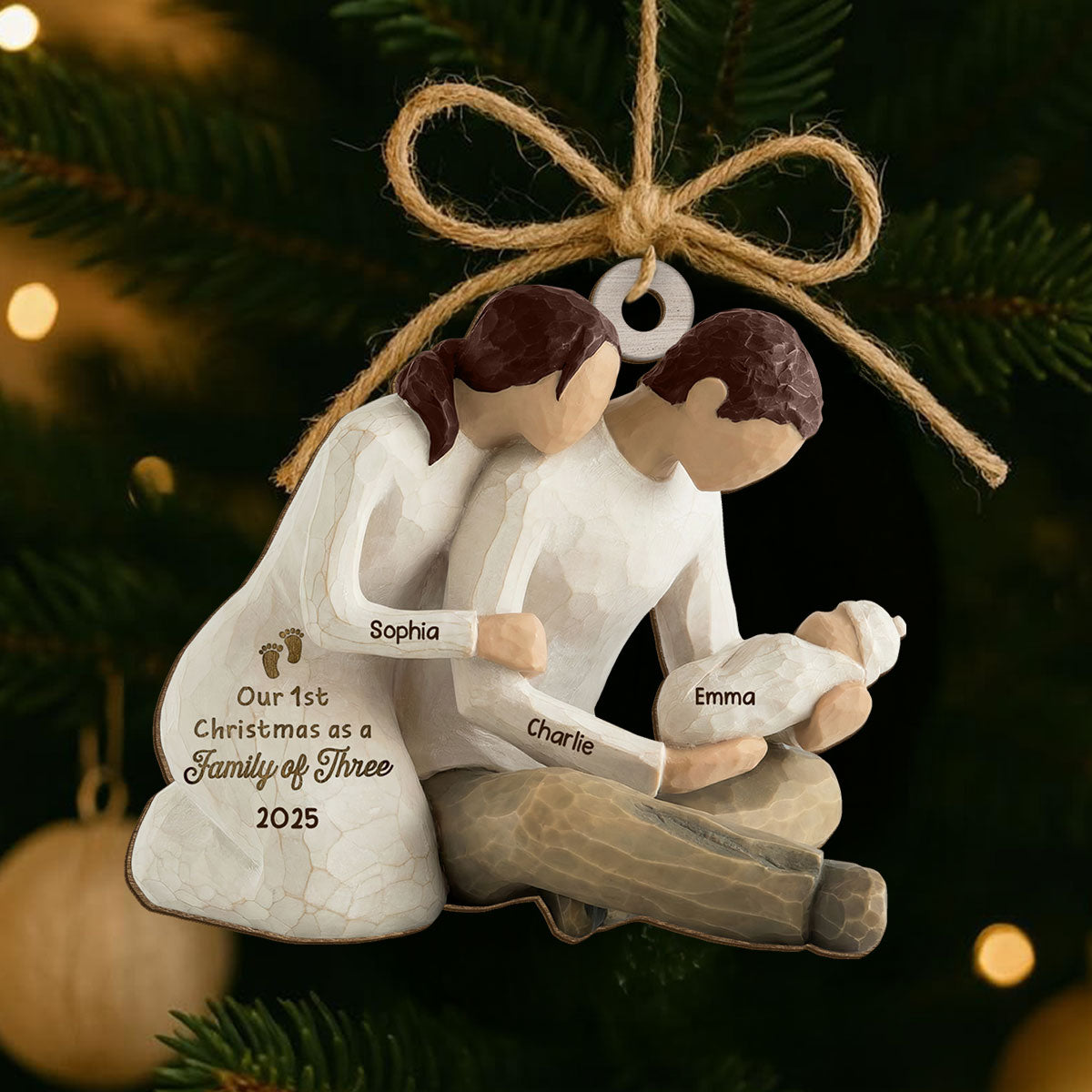 First Christmas As Family Of Three Mom Dad Holding Baby 2D Flat Printed - Personalized Wooden Ornament