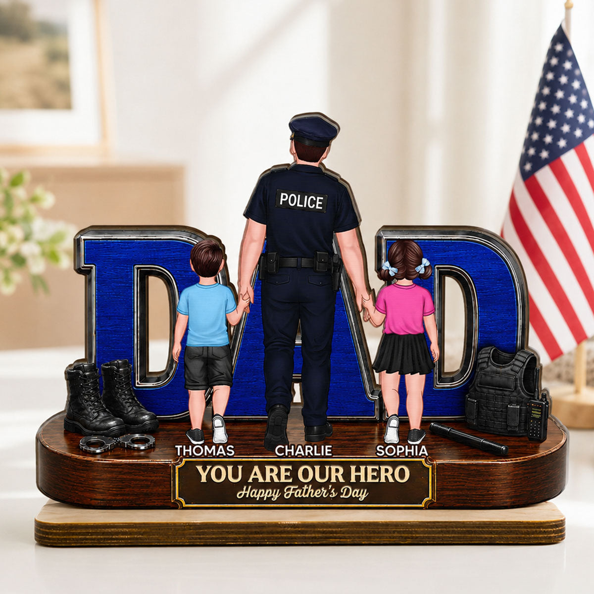 Proud American Police Dad You Are Our Hero - Personalized 2-Layered Wooden Plaque - Unique Trending  Gift For Dad, Husband