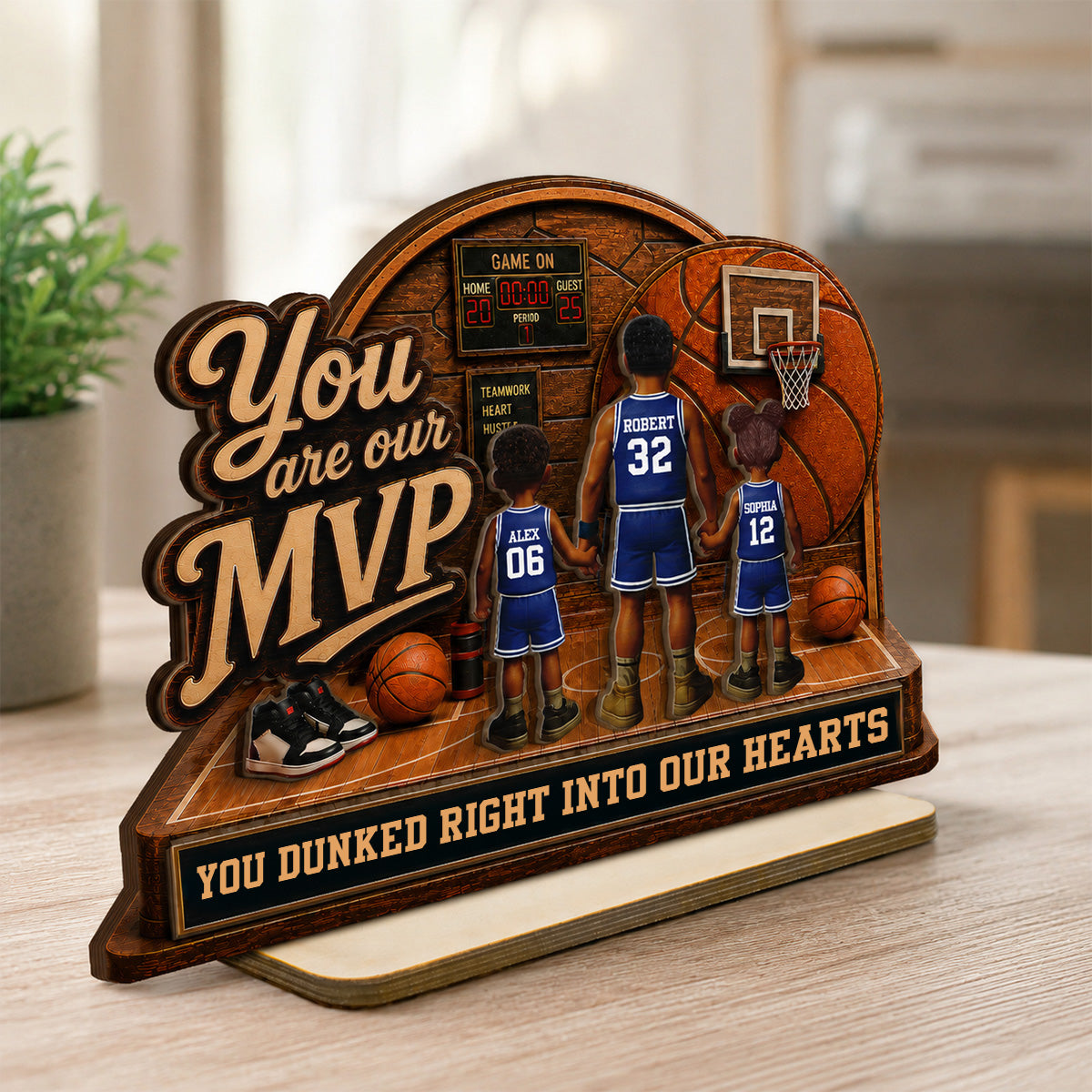 You Are Our MVP Standing Basketball Man & Kids 2D Flat - Personalized 2-Layered Wooden Plaque -  Gift For Basketball Dad