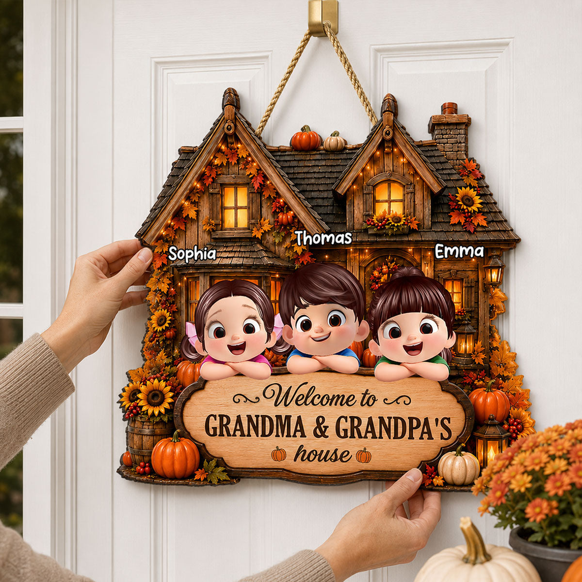 Welcome to Grandma Grandpa Fall Pumpkin House - Personalized Wooden Door Sign - Fall Thanksgiving Farmhouse Gift