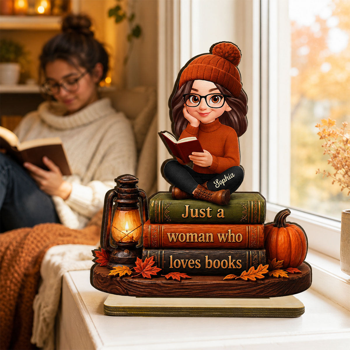 Fall Season Just A Woman Who Loves Books - Personalized 2-Layered Wooden Plaque - Fall Gift For Book Lovers