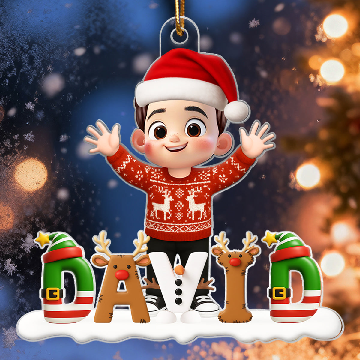 Happy Kid Christmas Iconic Name - Personalized Acrylic Ornament - Christmas Gift for Kid, Grandkids