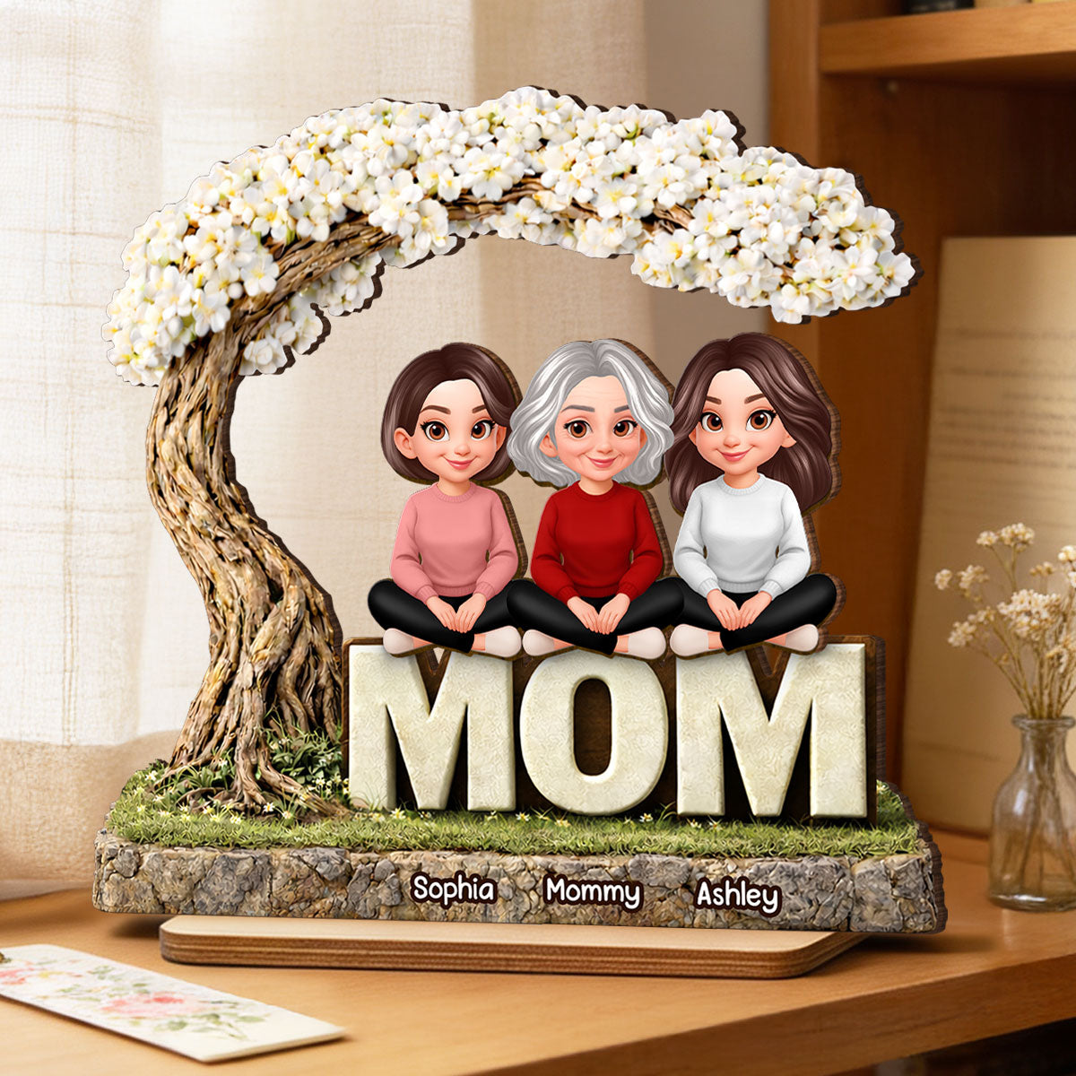 Mom And Her Kids Under The Tree - Personalized 2-Layered Wooden Plaque - Heartfelt Gift For Mom, Grandma