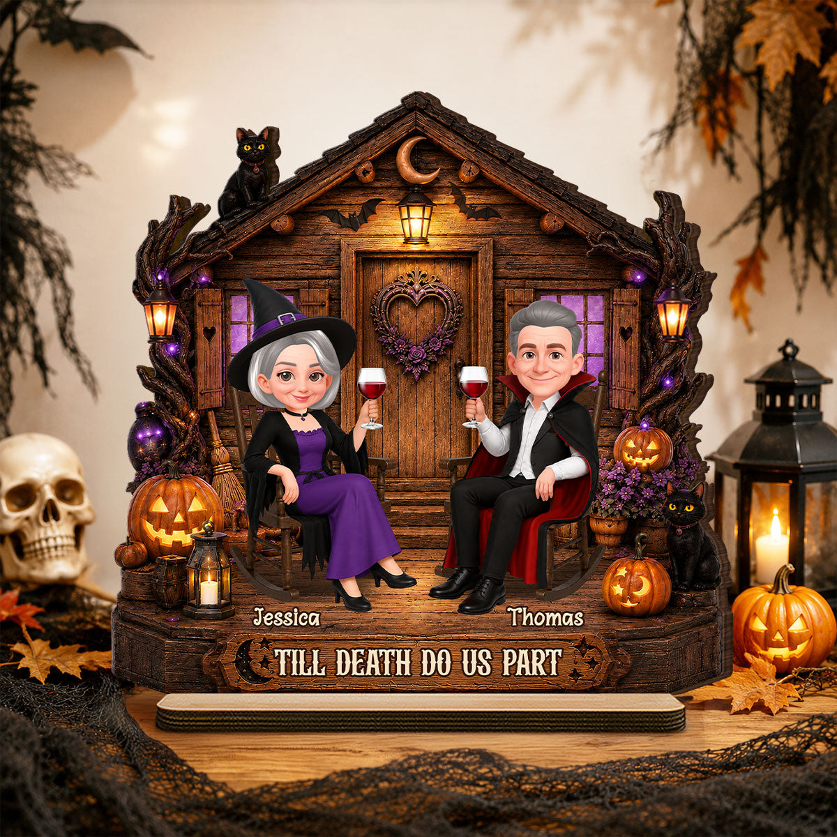 Spooky Halloween Haunted Cabin House Couple - Personalized 2-Layered Wooden Plaque - Halloween Decoration For Couple