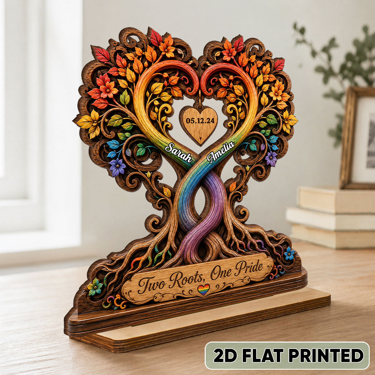 Two Roots One Pride LGBTQ+ Couple - Personalized 2-Layered Wooden Plaque - Heartfelt Anniversary Gift for Her, for Him
