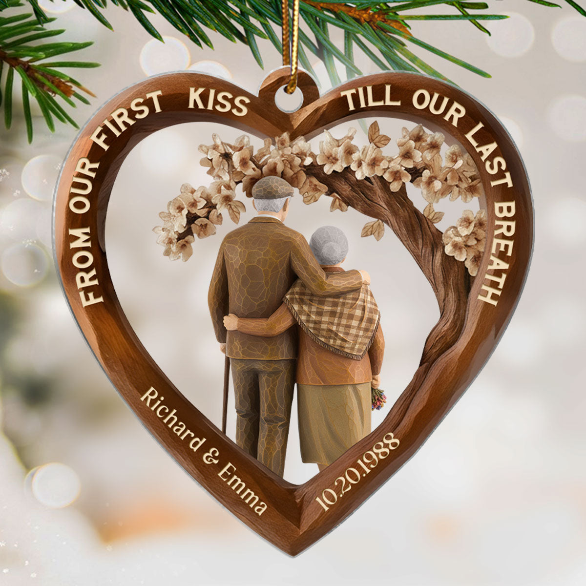 From Our First Kiss Till Our Last Breath Couple 3D Wooden Effect - Personalized Acrylic Ornament - Christmas Gift for Couples
