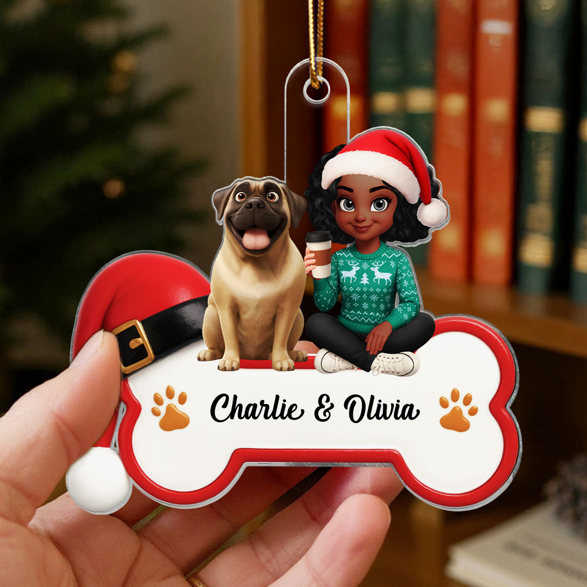 3D Effect Christmas Dog Bone Girl And Dog - Personalized Acrylic Ornament - Gift For Dog Lovers