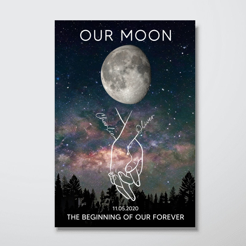 Timeless Love Couple Holding Hands Line Art Custom Moon Phase Anniversary Date - Personalized Poster - Gift For Couple