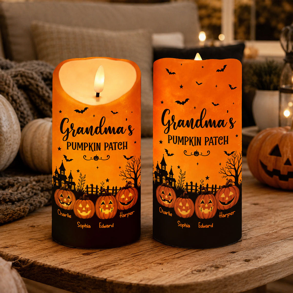 Grandma's Pumpkin Patch Jack-o'-lantern Pumpkins - Personalized LED Candle - Perfect Halloween Decor For Grandma