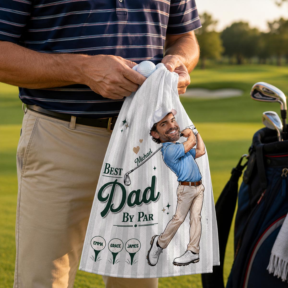 Best Dad Grandpa By Par Custom Photo Caricature Style - Personalized Golf Towel - Father's Day Gift For Golfers