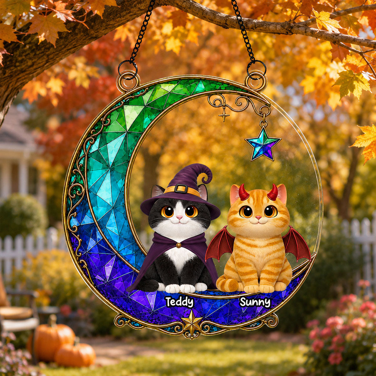 Magical Cat Moonlight - Personalized Acrylic Window Hanging - Halloween Decoration For Cat Mom