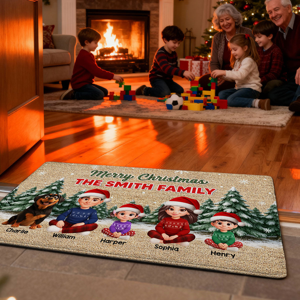3D Effect Snowy Christmas Tree Beautiful Family Together Christmas - Personalized Doormat