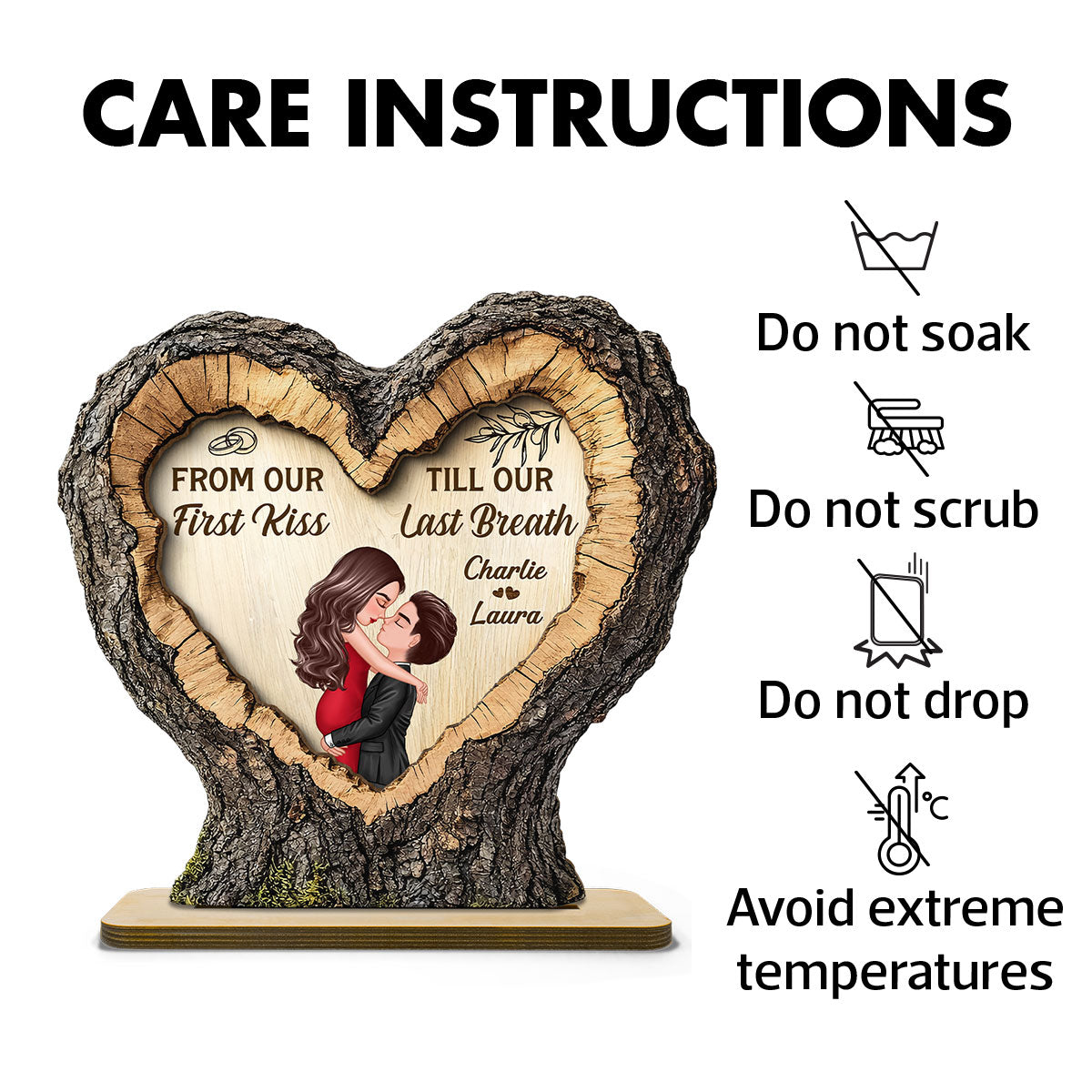 From First Kiss Till Last Breath Couple Kissing 2D Flat - Personalized 2-Layered Wooden Plaque - Anniversary Gift, Valentine's Gift For Him, For Her