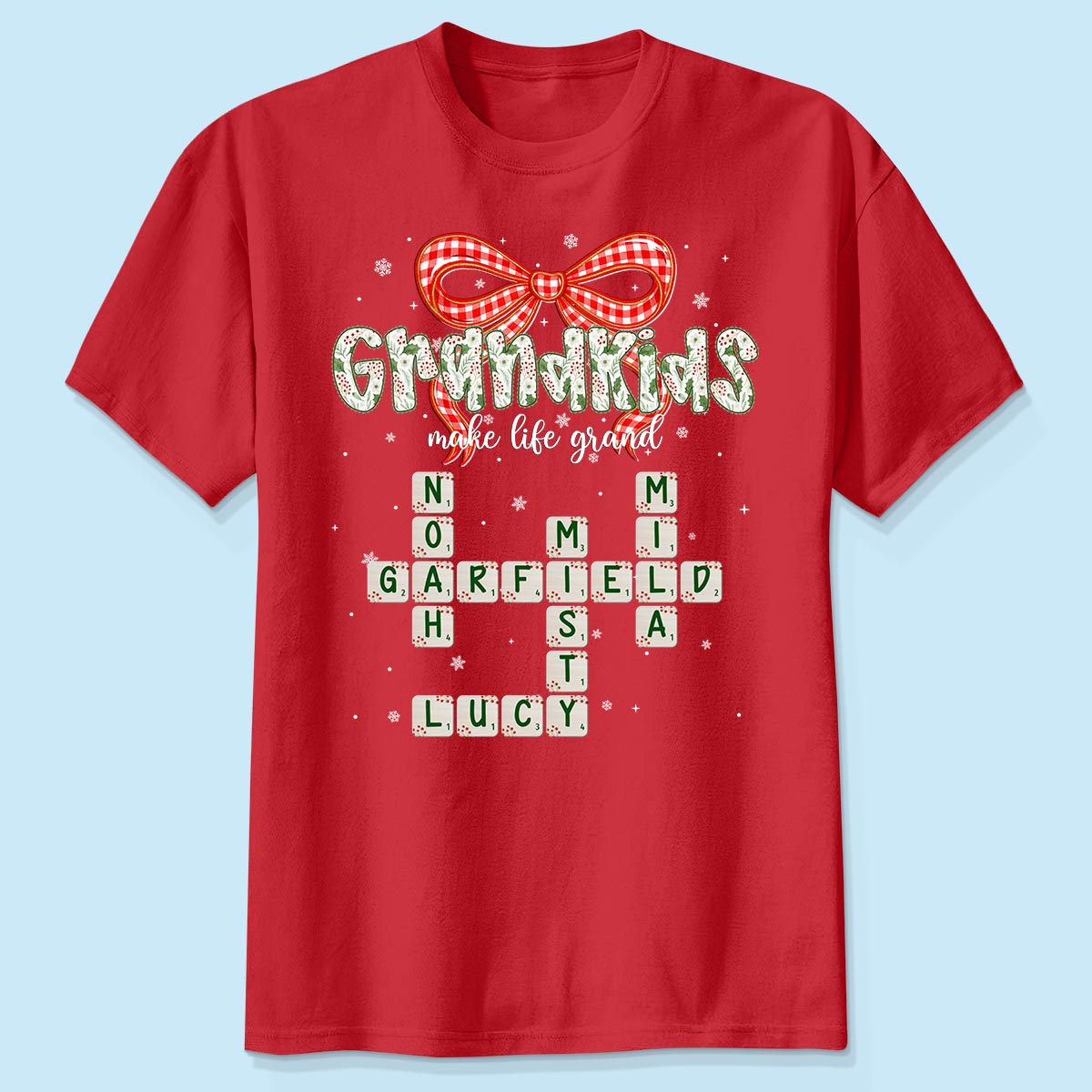 Grandkids Make Life Grand Coquette Floral Christmas Pattern Crossword Puzzle Art - Personalized Shirt