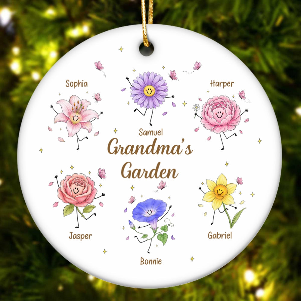 Grandma's Little Blooms Cute Doodle Birth Month Flowers - Personalized Ceramic Ornament - Home Decor Gift, Birthday Gift For Grandma