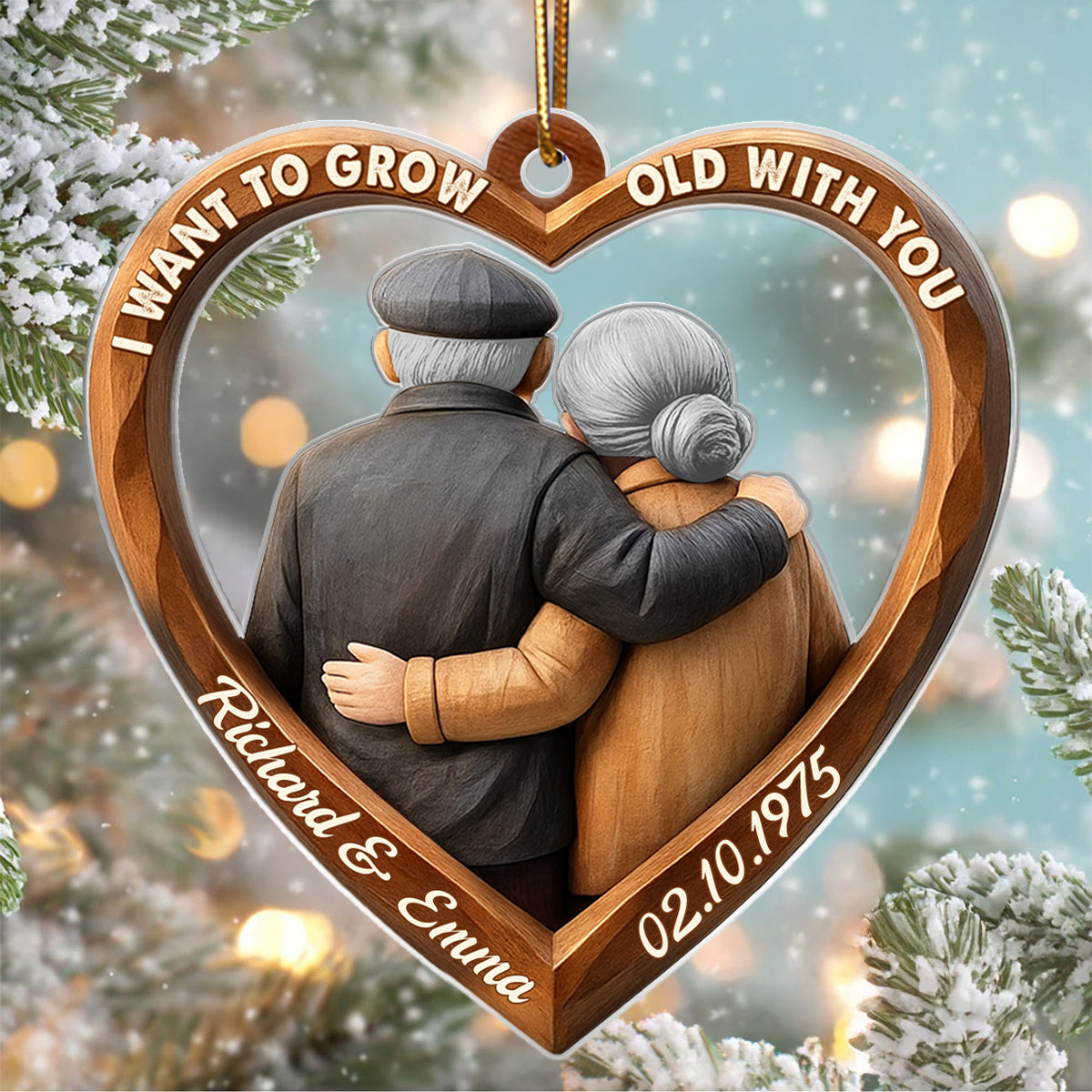 3D Effect Wooden Couple Growing Old Together - Personalized Acrylic Ornament - Christmas Gift for Couples
