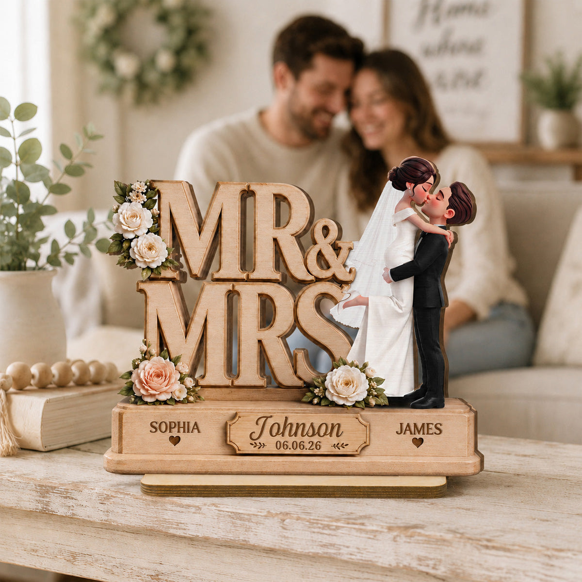 Mr & Mrs 2D Flat - Personalized Wooden Plaque - Wedding Gift, Wedding Decoration, Anniversary Gift, Newlywed Gift