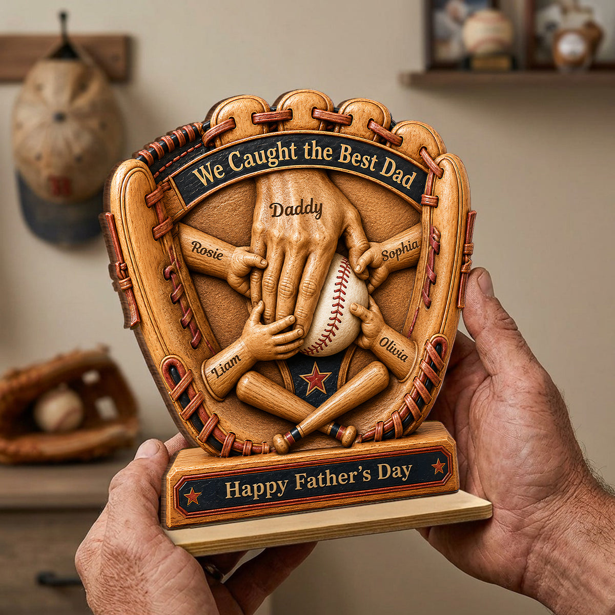 Baseball Glove Dad & Kids' Hands - Personalized 2-Layered Wooden Plaque -  Gift For Dad, Husband