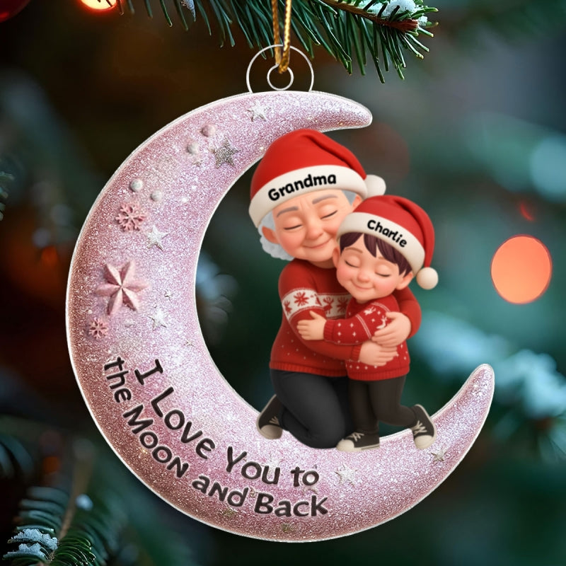 Grandma Hugging Grandkid on Moon - Personalized Acrylic Ornament - Christmas Gift for Grandma, Grandkids