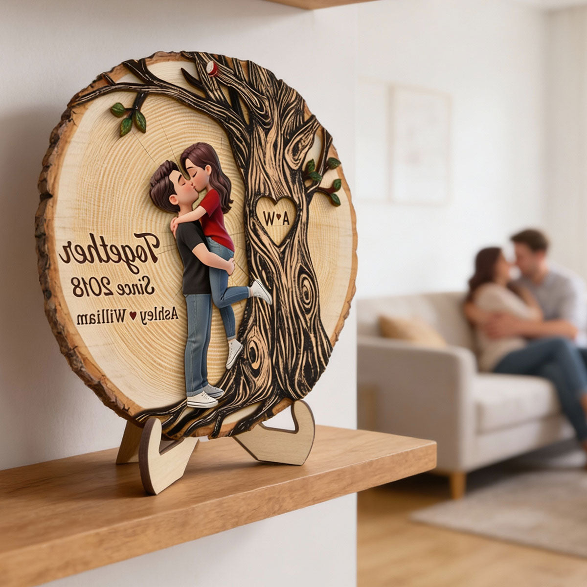 Couple Hugging Kissing Beside Eternal Tree Of Love - Personalized 2-Layered Wooden Plaque - Gift For Couple