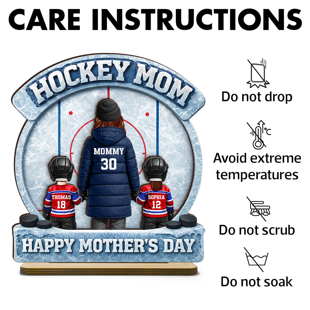 Hockey Mom Back View And Kids - Personalized 2-Layered Wooden Plaque - Mother's Day Gift For Hockey Mom