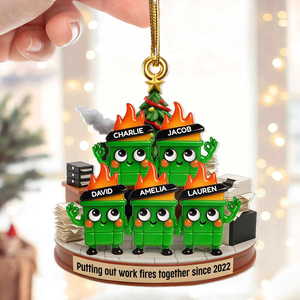 Funny Dumpster Fire Office Chaos Background - Personalized Acrylic Ornament - Funny Coworker Christmas Gift, White Elephant Gift for Coworkers