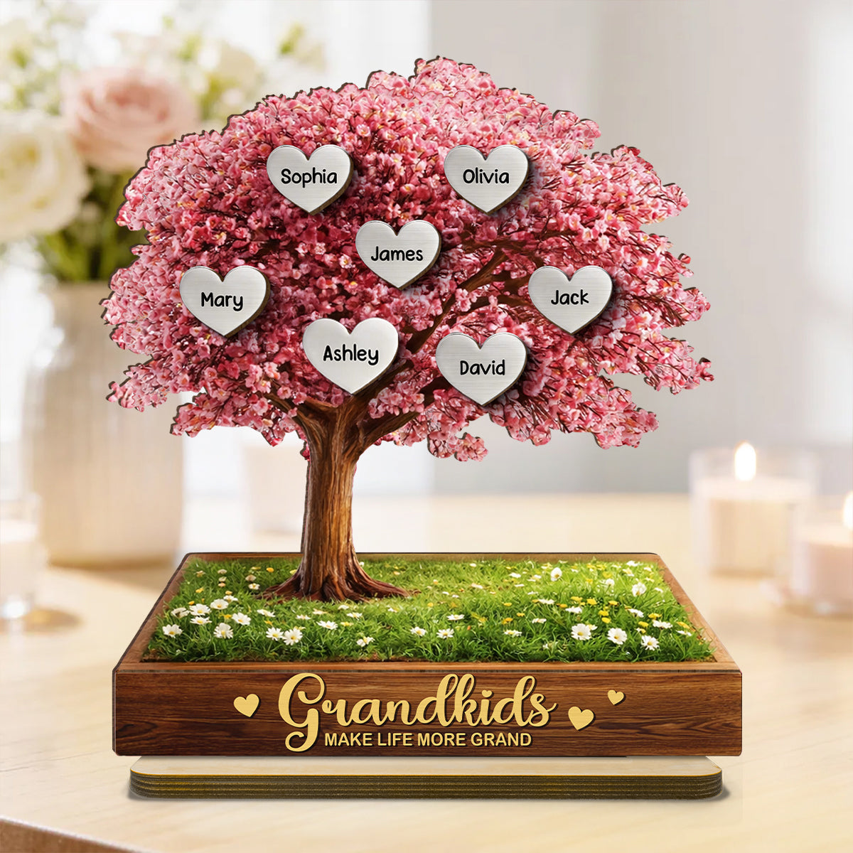 Grandkids Make Life More Grand Family Heart Tree - Personalized 2-Layered Wooden Plaque - Heartfelt Gift for Grandma