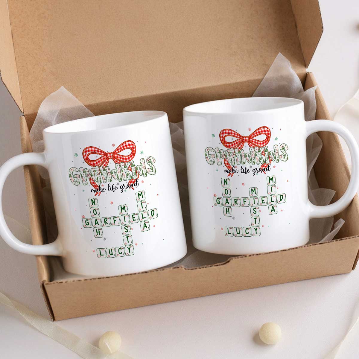 Grandkids Make Life Grand Coquette Floral Christmas Pattern Crossword Puzzle Art - Personalized Mug