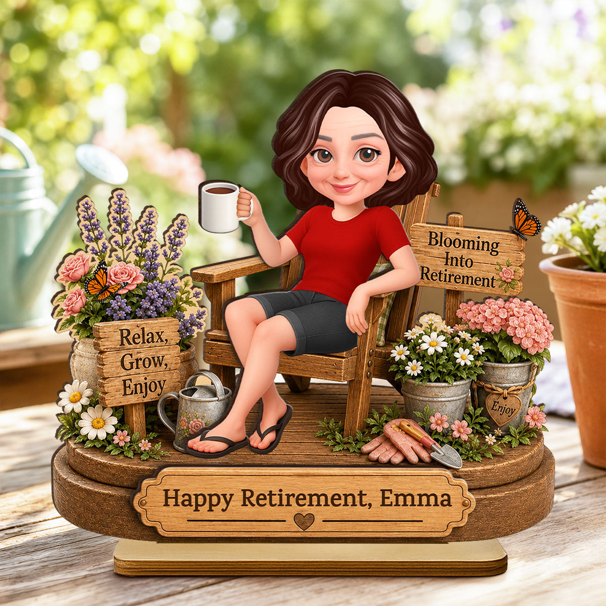 Blooming into Retirement - Personalized 2-Layered Wooden Plaque - Retirement Gift for Grandma, Mom, Wife
