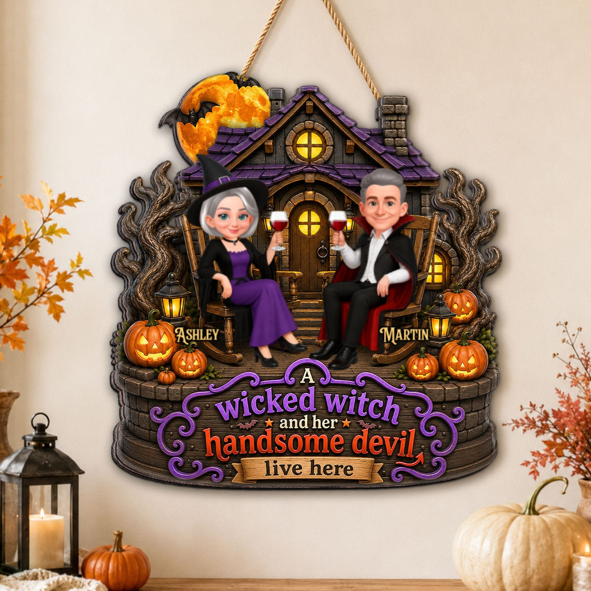 Halloween Haunted House Couple Wicked Witch Handsome Devil Live Here - Personalized Wood Sign - Halloween Decoration For Couple