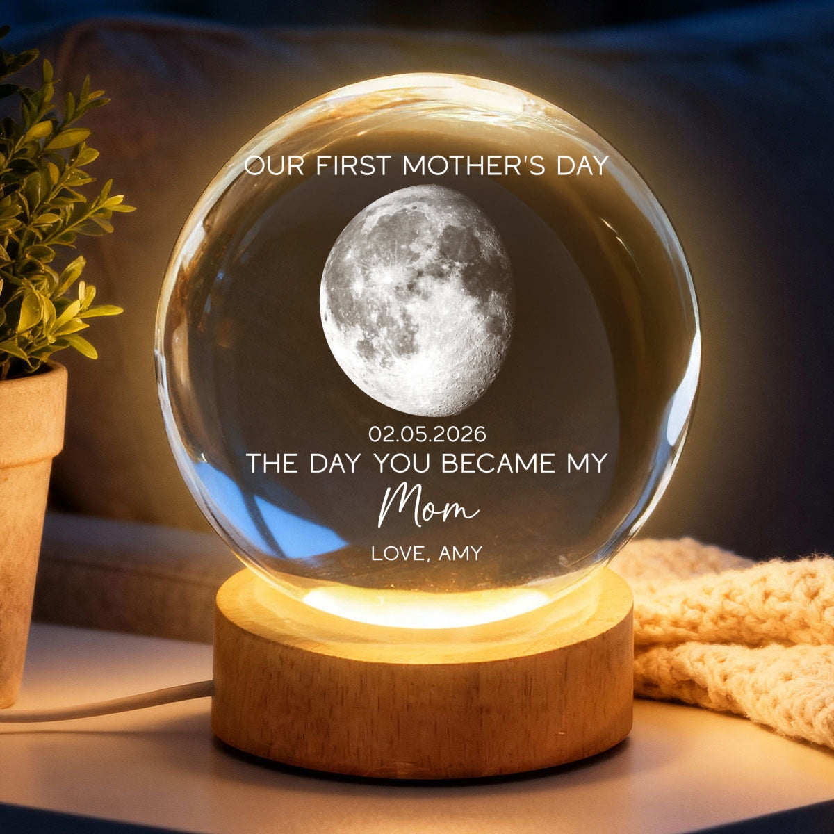 The Day You Became My Mom Custom Moon Phase First Mother's Day - Personalized Crystal Ball LED Night Light - First Mother's Day Gift For New Mom
