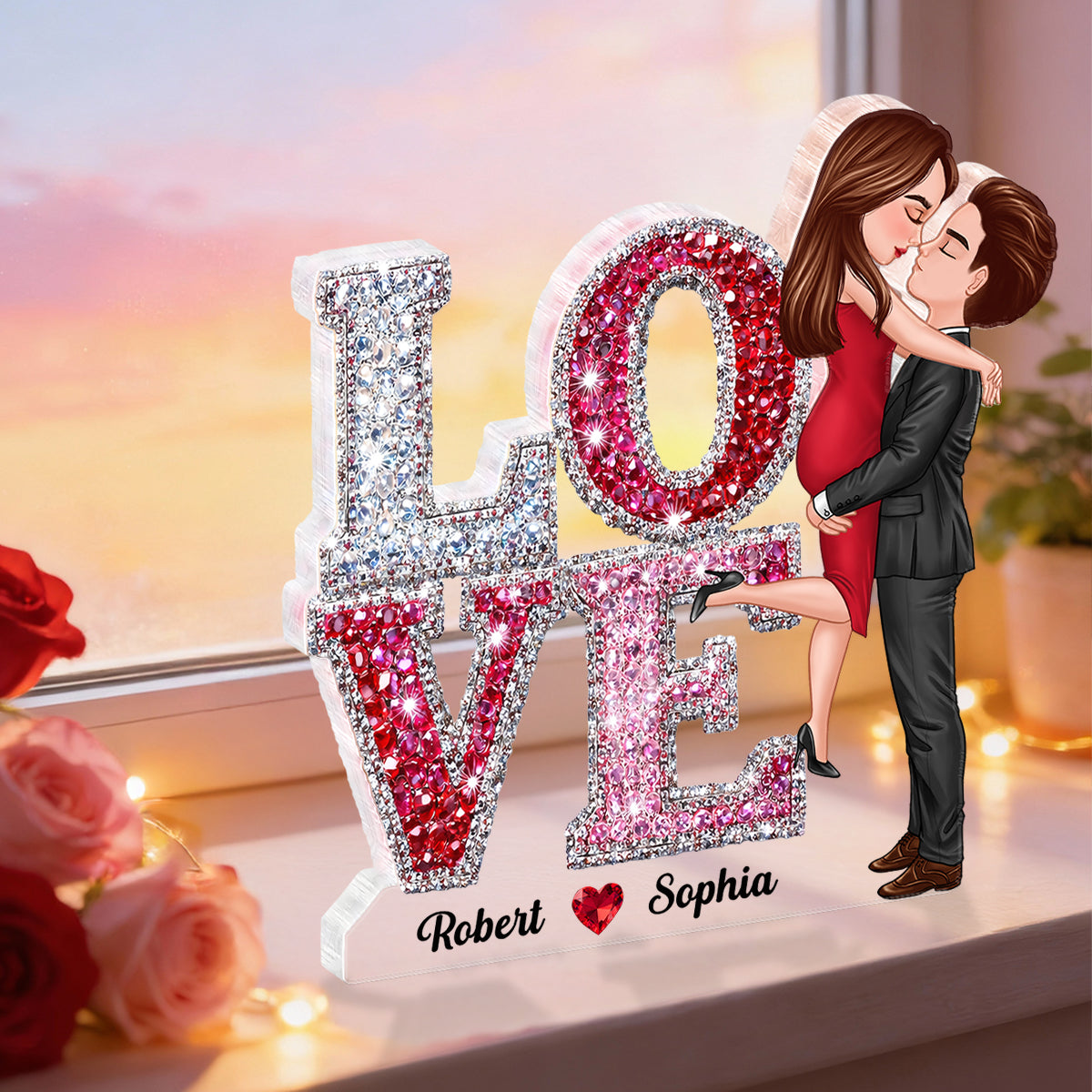 3D Effect Rhinestones Couple Love - Personalized Acrylic Block Plaque - Heartfelt Gift for Her, for Him