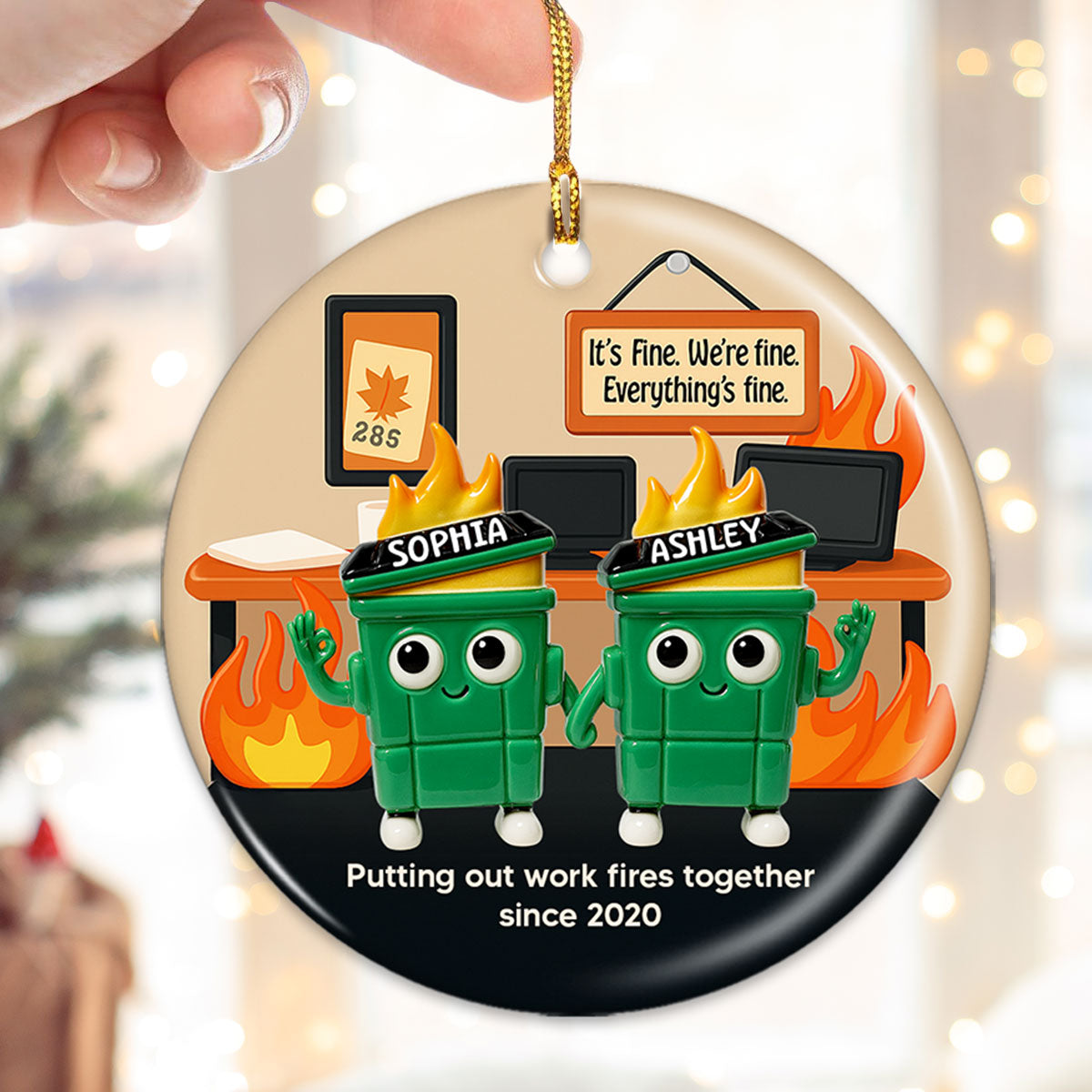 3D Effect Dumpster Fires In Office Scene - Personalized Ceramic Ornament - Funny Gift For Colleagues, Work Besties