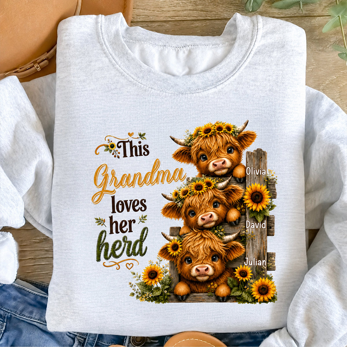 Highland Cow Grandma Loves Her Herb - Personalized Shirt - Fall Season Gift, Gift For Grandma