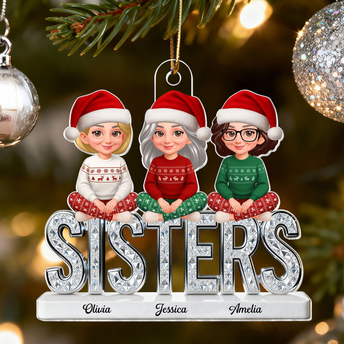3D Shining Effect Sisters Forever Together Beautiful Women - Personalized Acrylic Ornament - Gift For Sisters