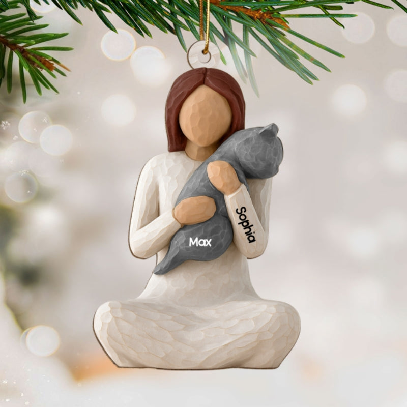 3D Effect Woman Hugging Cat - Personalized Wooden Ornament - Christmas Gift For Cat Lovers, Cat Mom