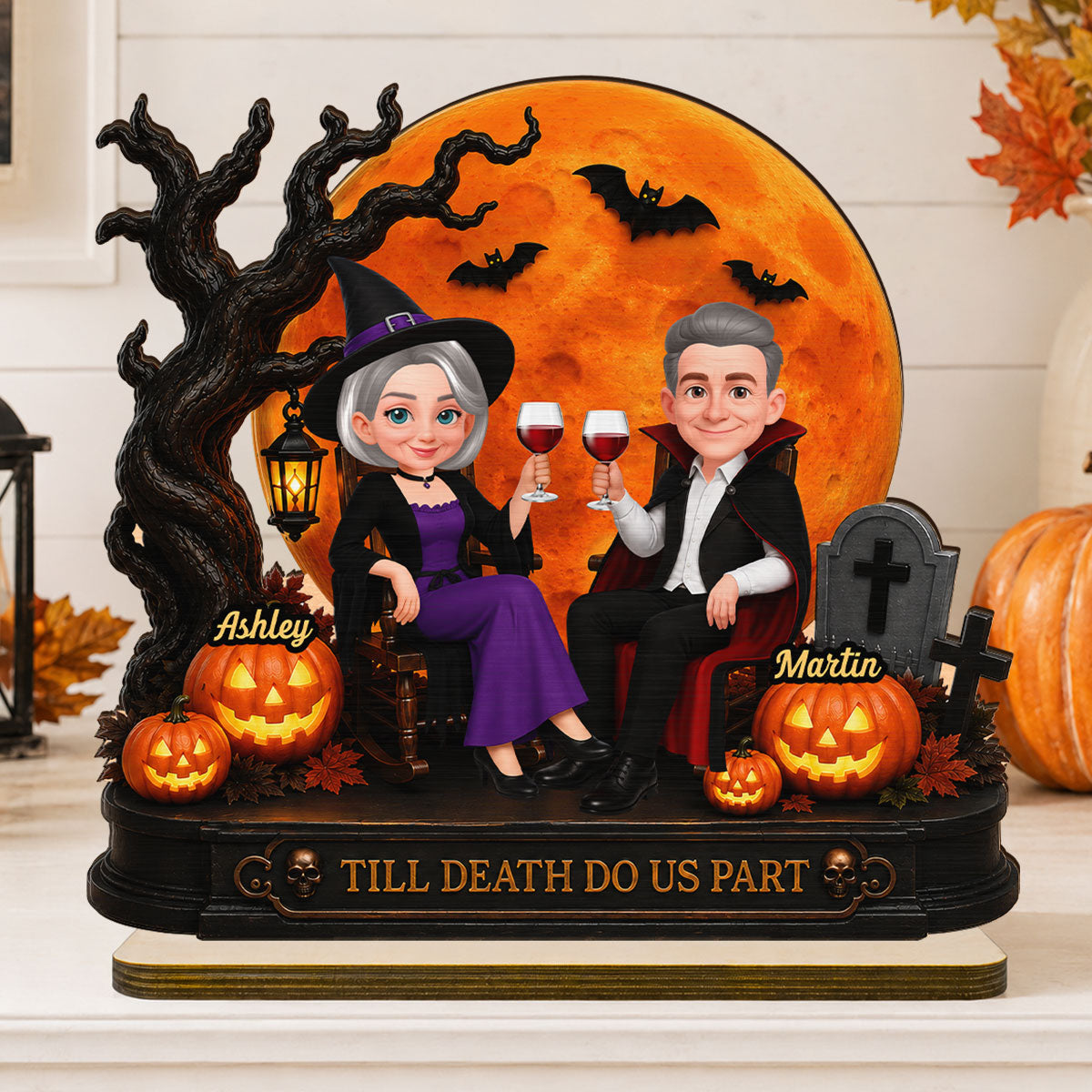 Spooky Halloween Couple With Moon - Personalized 2-Layered Wooden Plaque - Gift For Couple, Him, Her