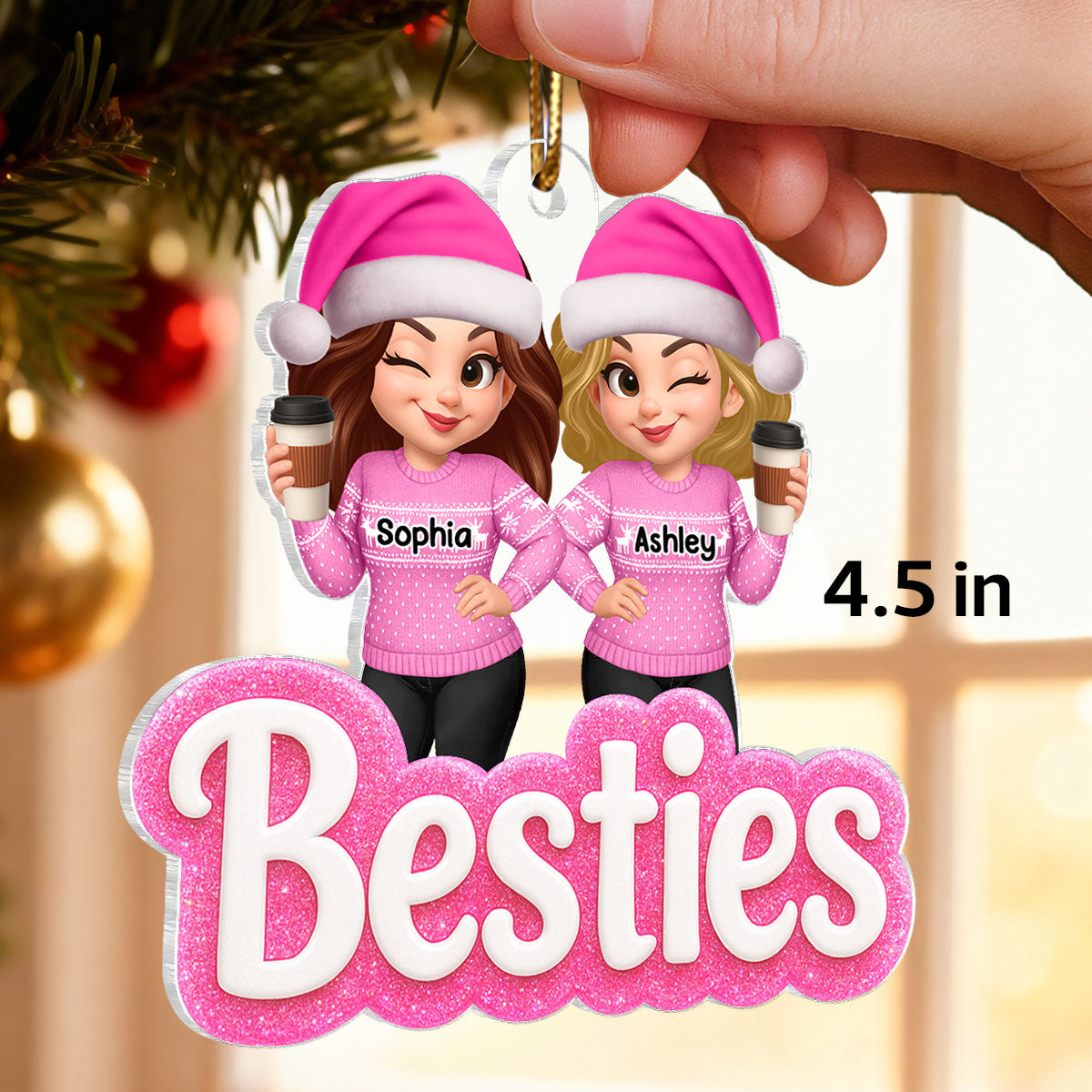 Pink Besties Sisters 3D Glitter Effect - Personalized Acrylic Ornament - Christmas Gift for Best Friends, for Sisters