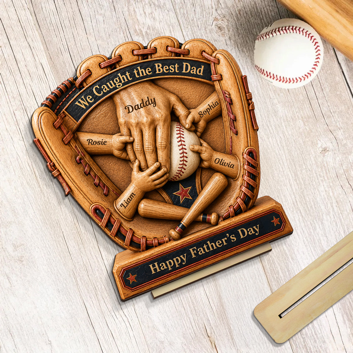 Baseball Glove Dad & Kids' Hands - Personalized 2-Layered Wooden Plaque -  Gift For Dad, Husband