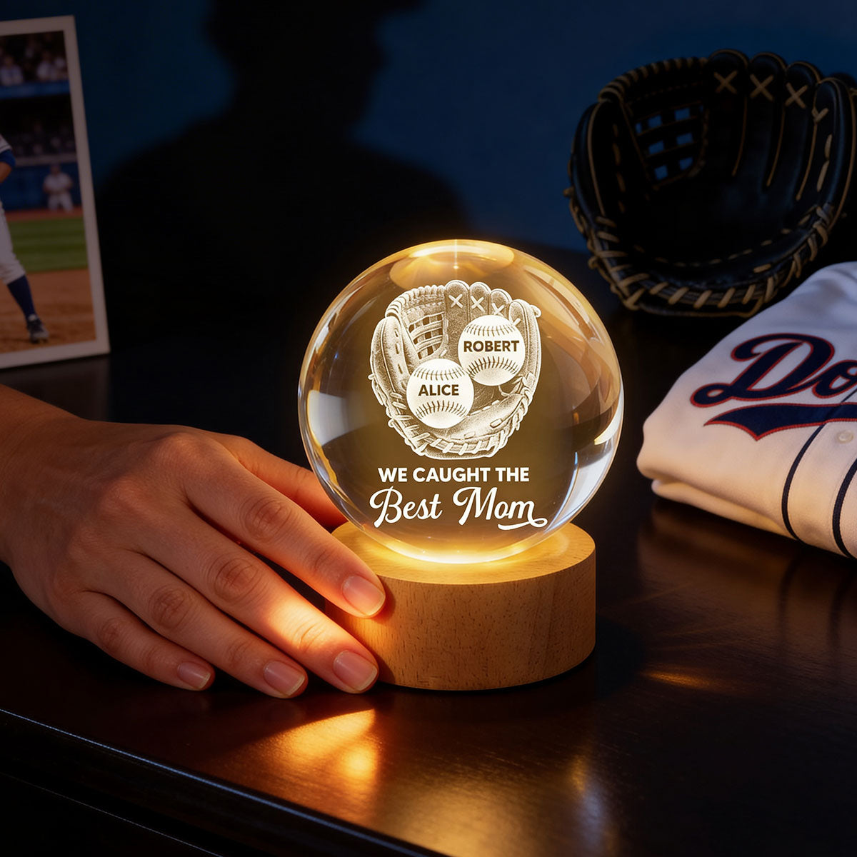 Baseball Glove We Caught The Best Mom - Personalized Crystal Ball LED Night Light - Mother's Day Gift For Baseball Mom