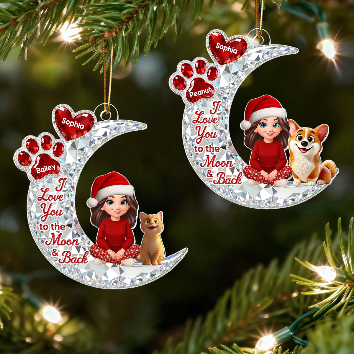 3D Effect Flat Woman And Dog Cat On Moon - Personalized Acrylic Ornament - Christmas Gift For Dog, Cat Lovers